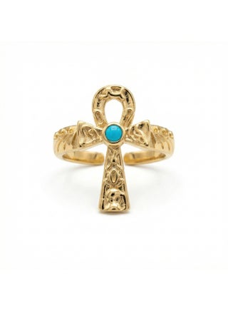 316 Stainless Steel Ankh Ring – Free Size – Gold Egyptian Life Symbol with Turquoise Stone – Anti‑Rust & Anti‑Fade